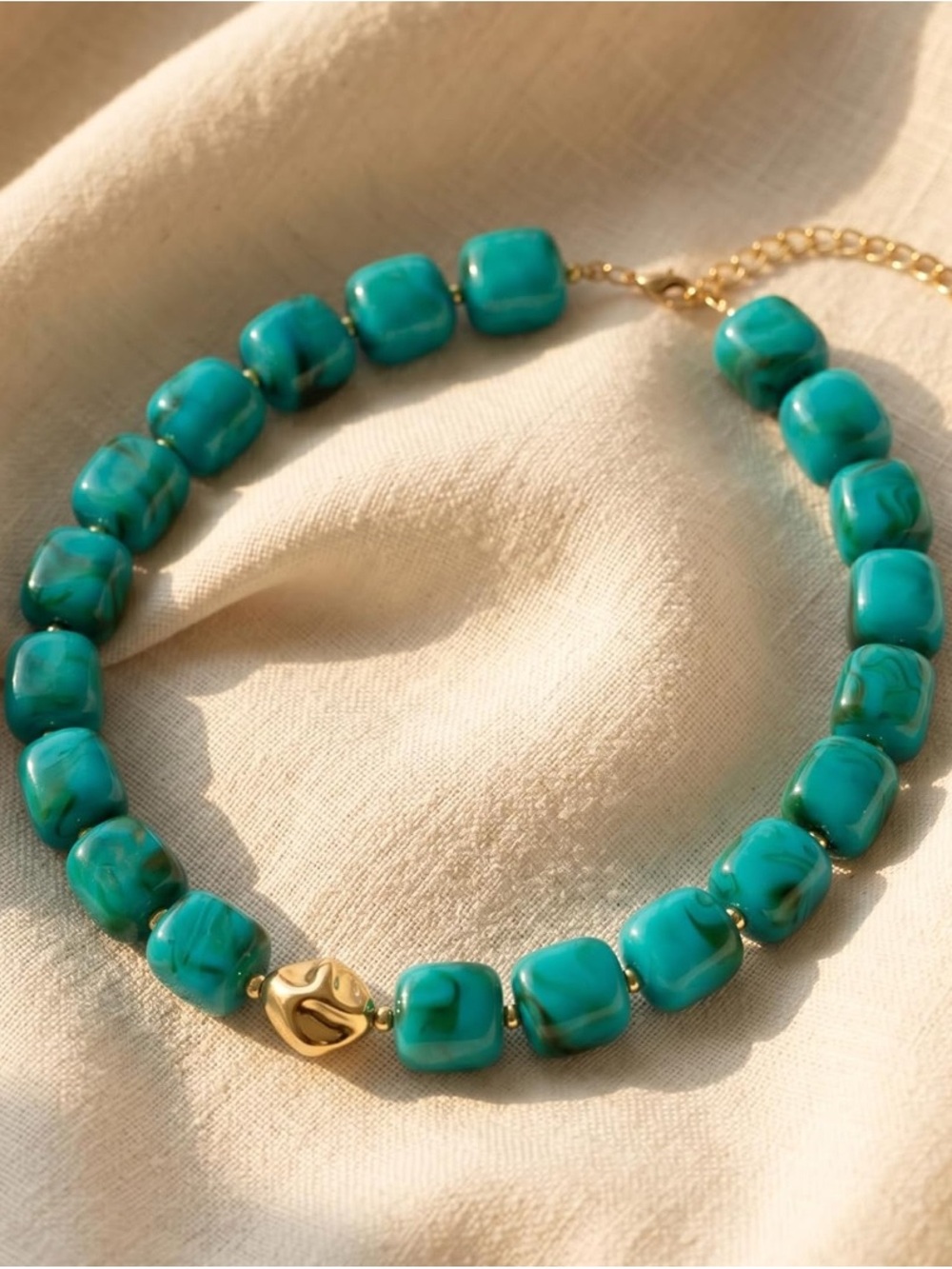 Statement Turquoise Color Marbled Bead Necklace with Gold Accent - Picture 3 of 5